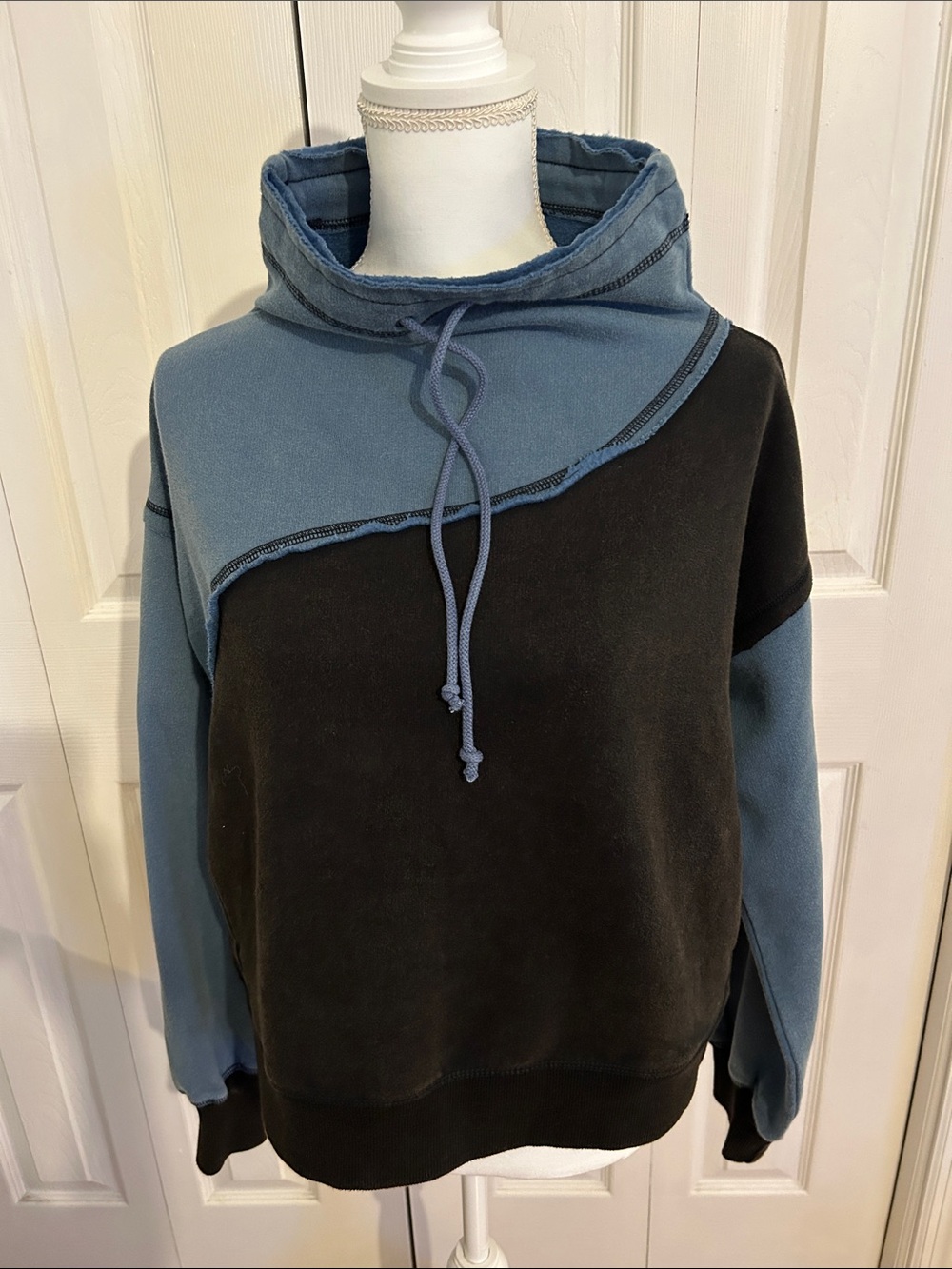 NWT Free People Two-Tone Cowl Sweatshirt in Blue and Black XS